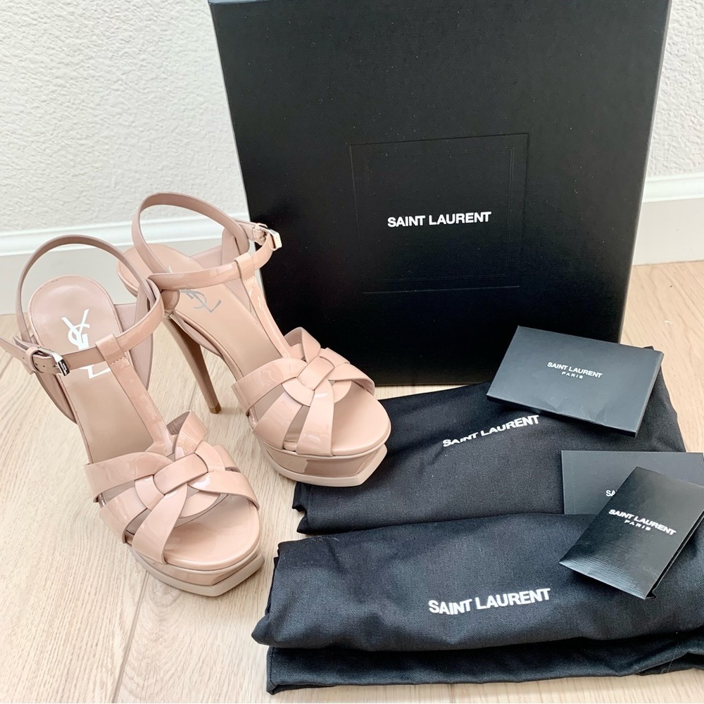 🌟 Saint Laurent Nude Patent Leather Tribute 105 Platform Sandals High Heels 37